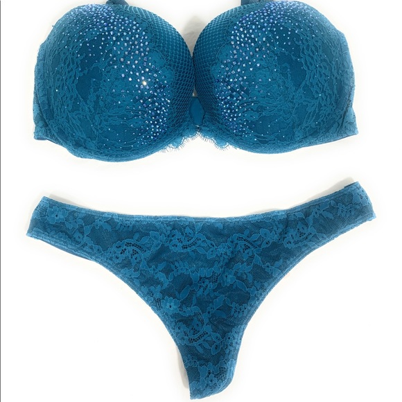 VS 32DDD rhinestones bra set TEAL